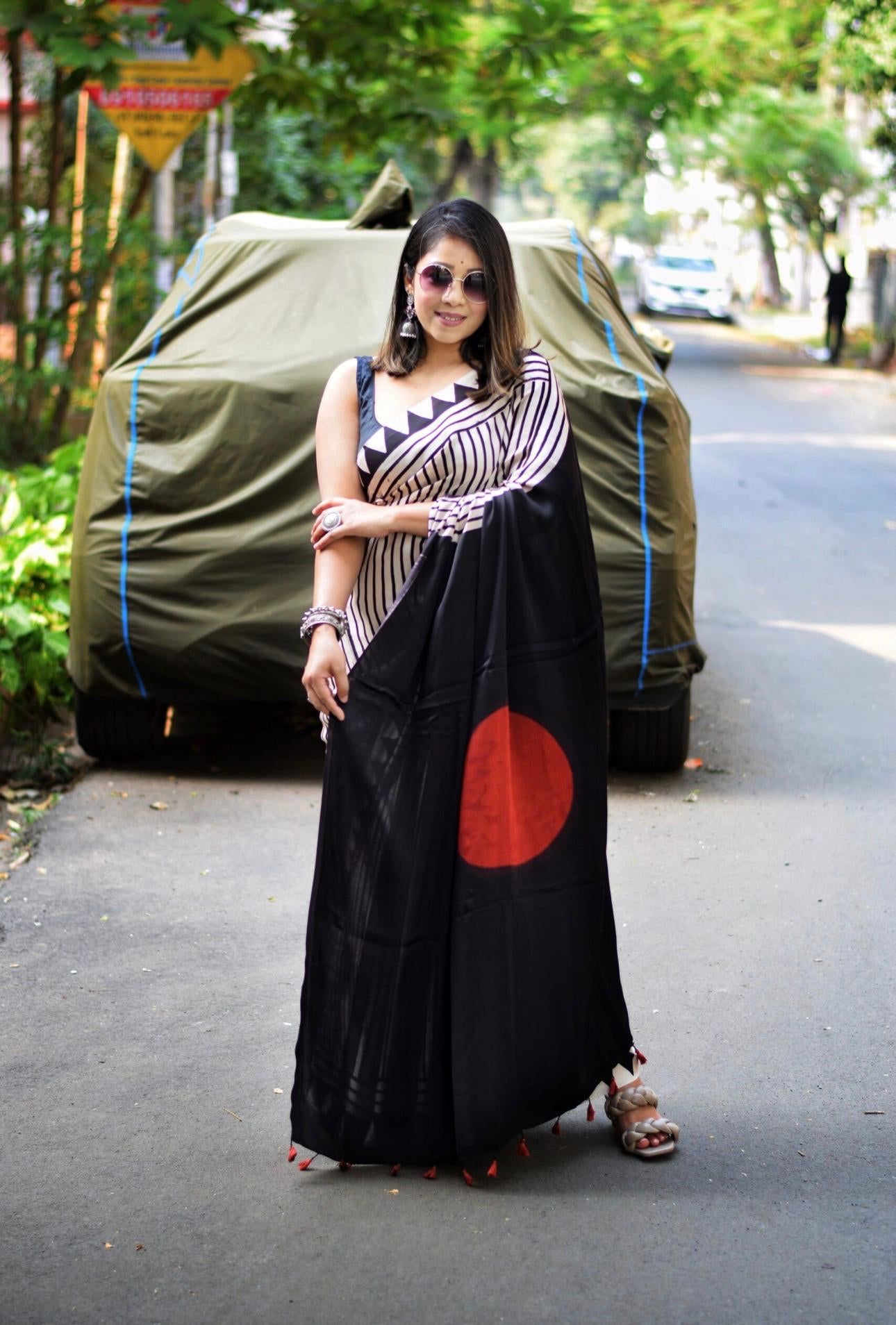 MODEL SILK BLACK & WHITE STRIP ELEGANT SAREE