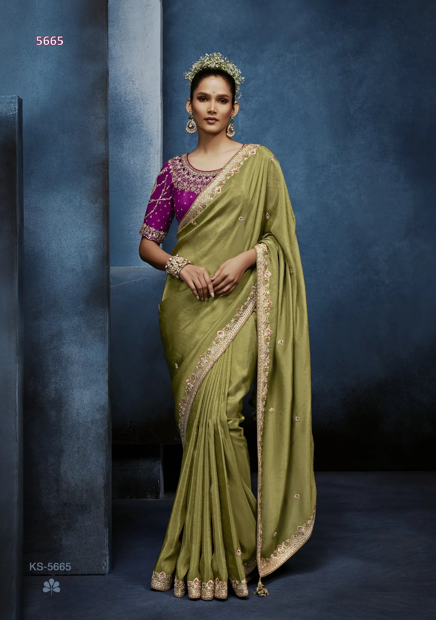 Moss Glow Fancy Tissue Saree with Cut Dana, Stone & Floral Sequin Work — Ready Blouse