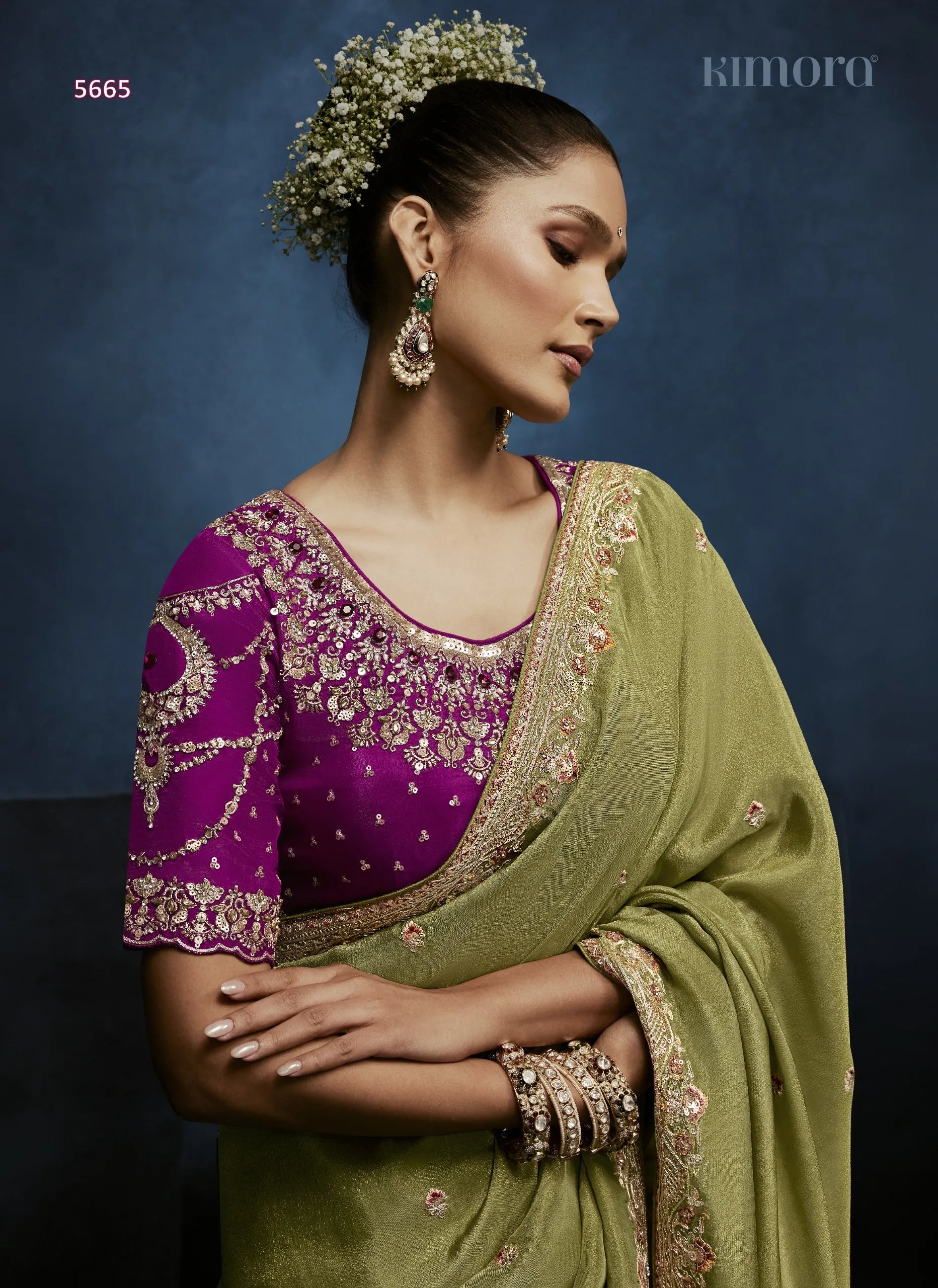 Moss Glow Fancy Tissue Saree with Cut Dana, Stone & Floral Sequin Work — Ready Blouse