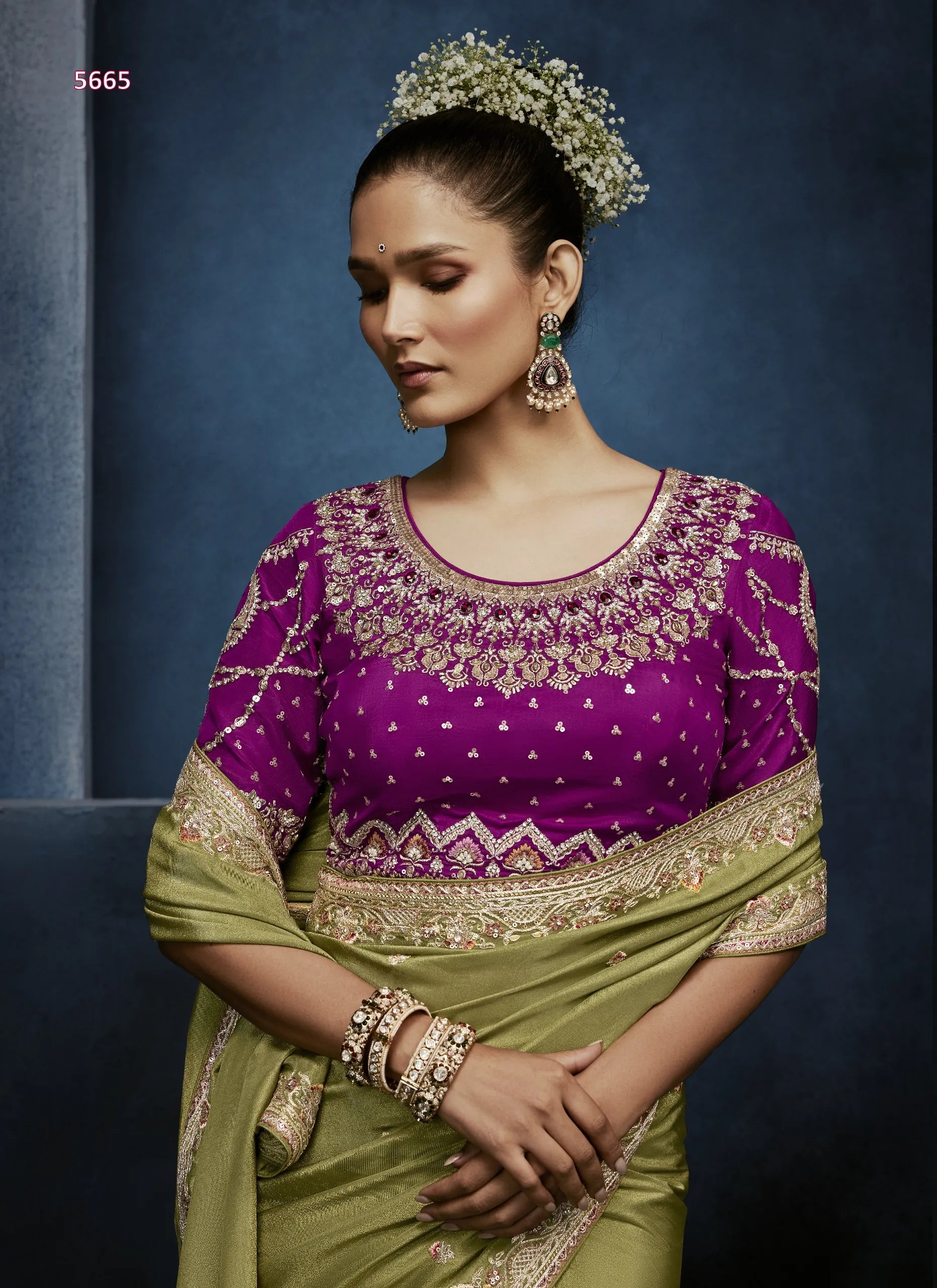 Moss Glow Fancy Tissue Saree with Cut Dana, Stone & Floral Sequin Work — Ready Blouse