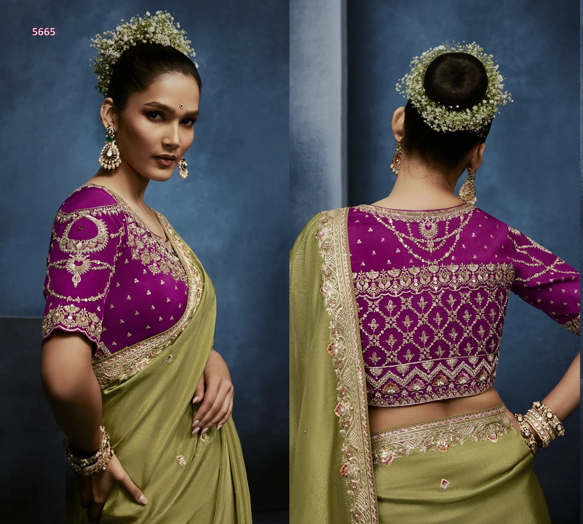 Moss Glow Fancy Tissue Saree with Cut Dana, Stone & Floral Sequin Work — Ready Blouse