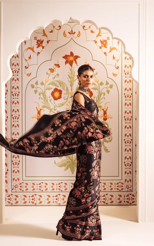 Buy Alka Black Satin Silk Saree Online in India | Premvastra | Premium Collection