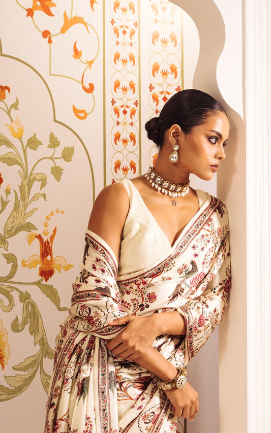 Buy Alka White Satin Silk Saree Online at Premvastra | Premium Collection