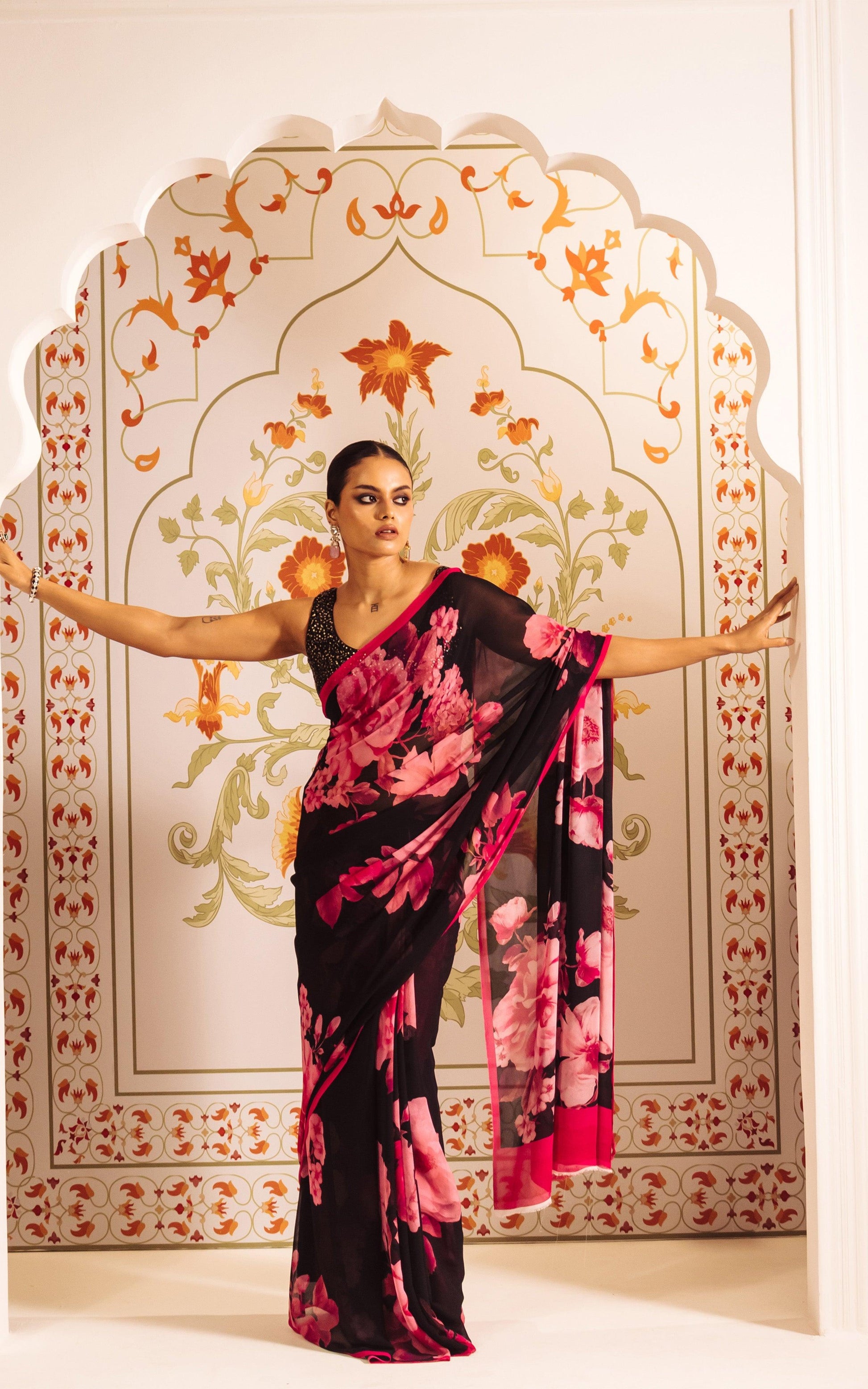 Buy The Ila Saree Pink Black Satin Silk Saree | Premvastra | Premium Collection