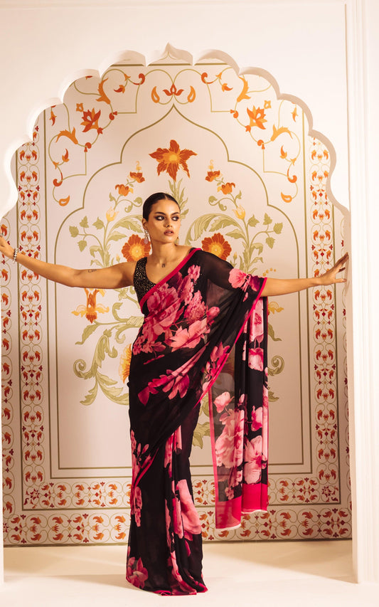 Buy The Ila Saree Pink Black Satin Silk Saree | Premvastra | Premium Collection