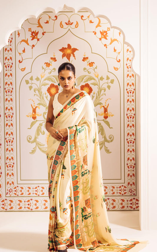 Buy Leela White Satin Silk Saree Online at Premvastra | Premium Collection