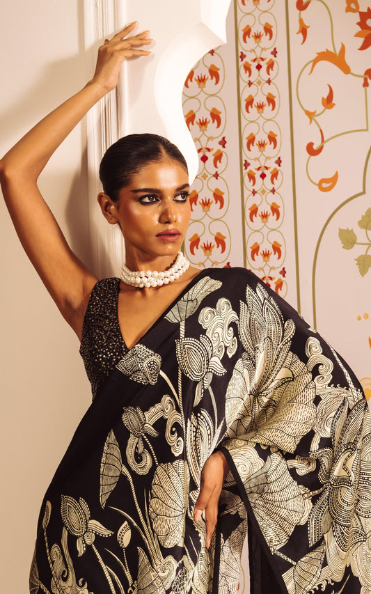 Buy Maya Black Satin Silk Saree Online in India | Premvastra | Premium Collection