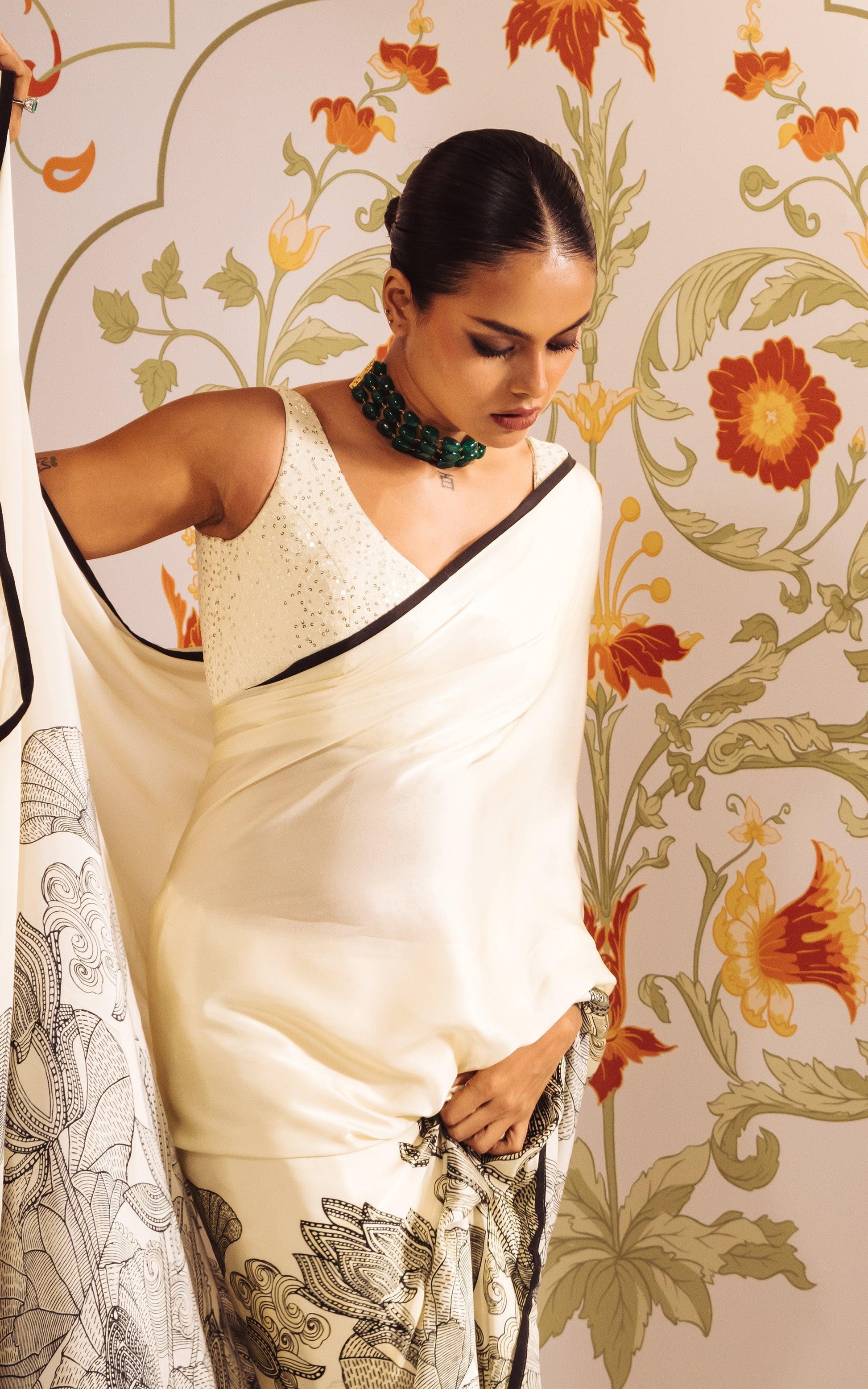 Buy Maya White Satin Silk Saree Online | Premvastra | Premium Collection