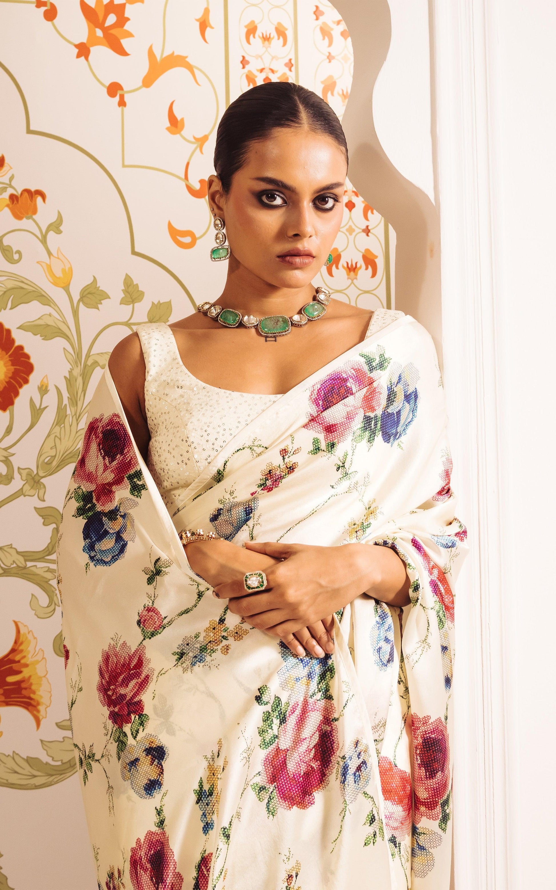 Buy Rita White Satin Silk Saree Online in India | Premvastra | Premium Collection