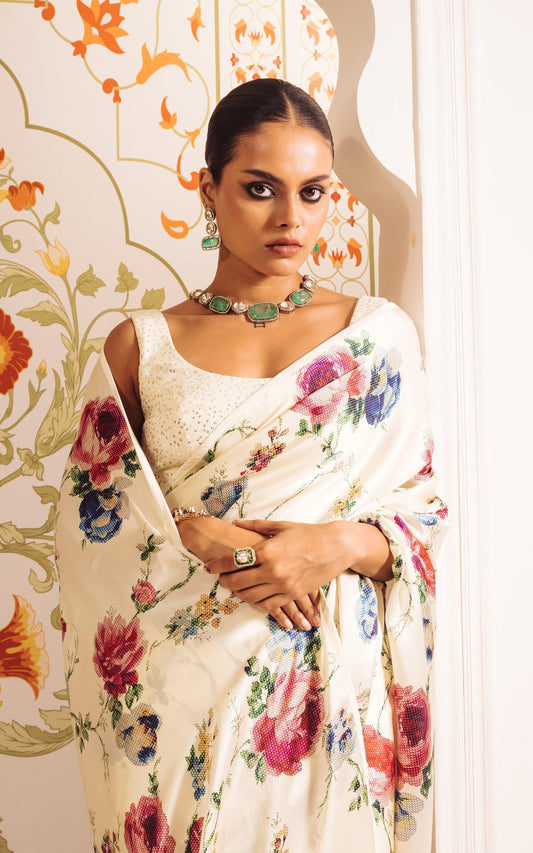 Buy Rita White Satin Silk Saree Online in India | Premvastra | Premium Collection