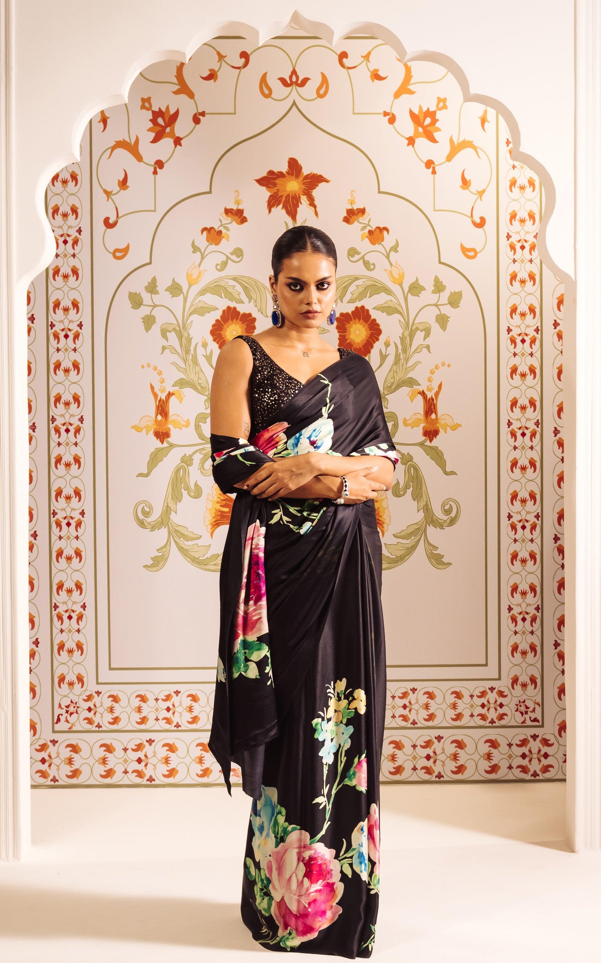 Buy The Shyla Saree Black Satin Silk Online | Premium Collection