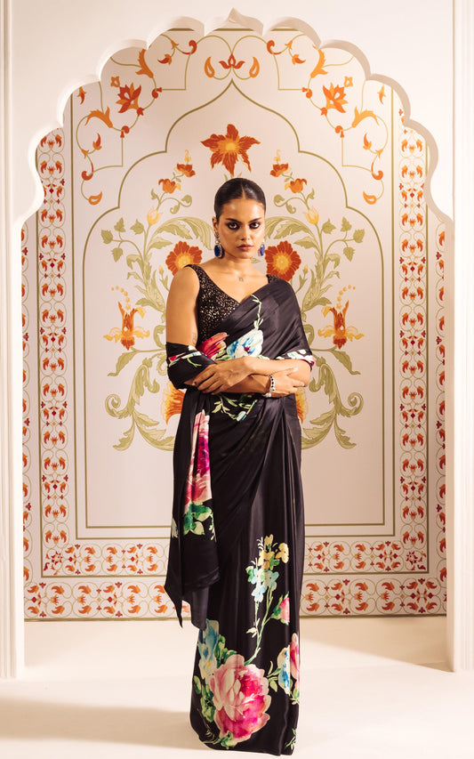 Buy The Shyla Saree Black Satin Silk Online | Premium Collection