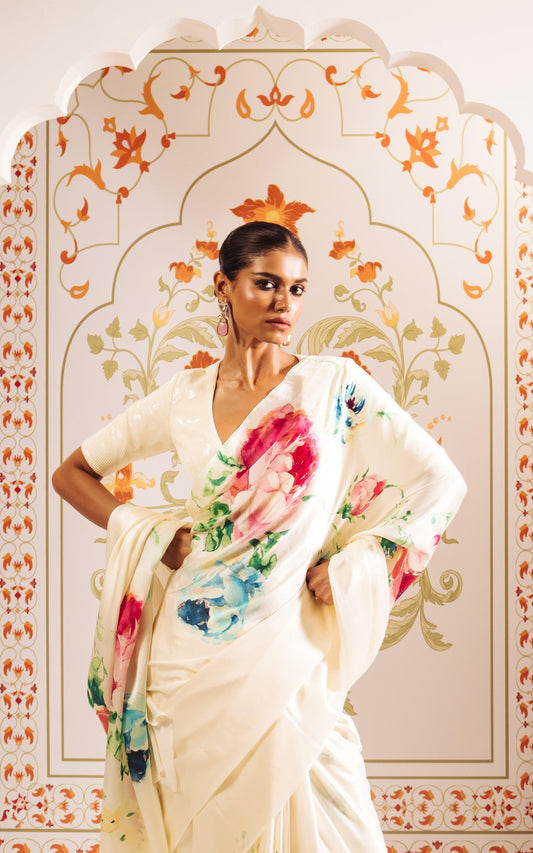 Buy Shyla White Satin Silk Saree with Abstract Flowers | Premium Collection
