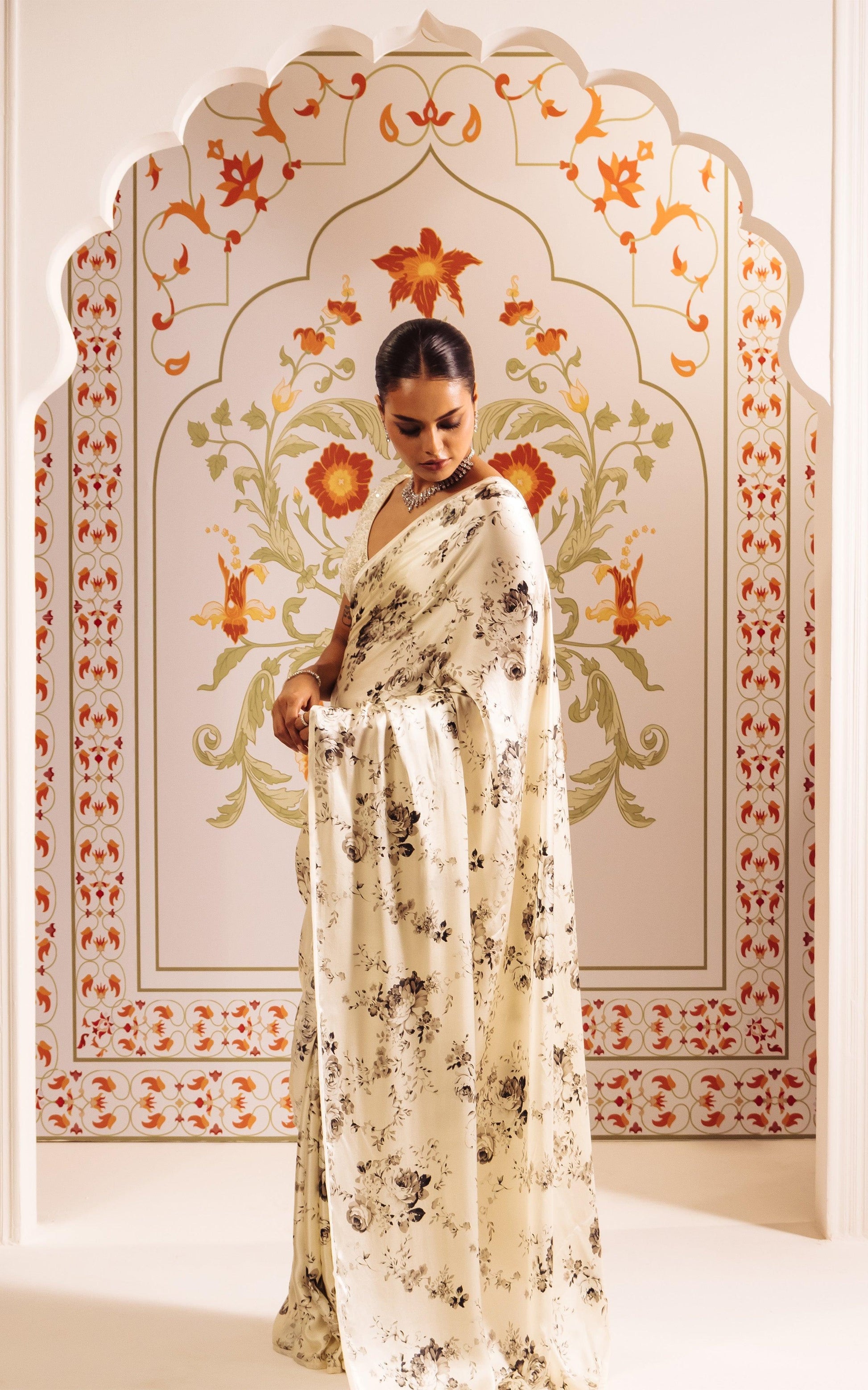 Buy The Tara Saree Pure White Satin Silk Saree | Premvastra | Premium Collection