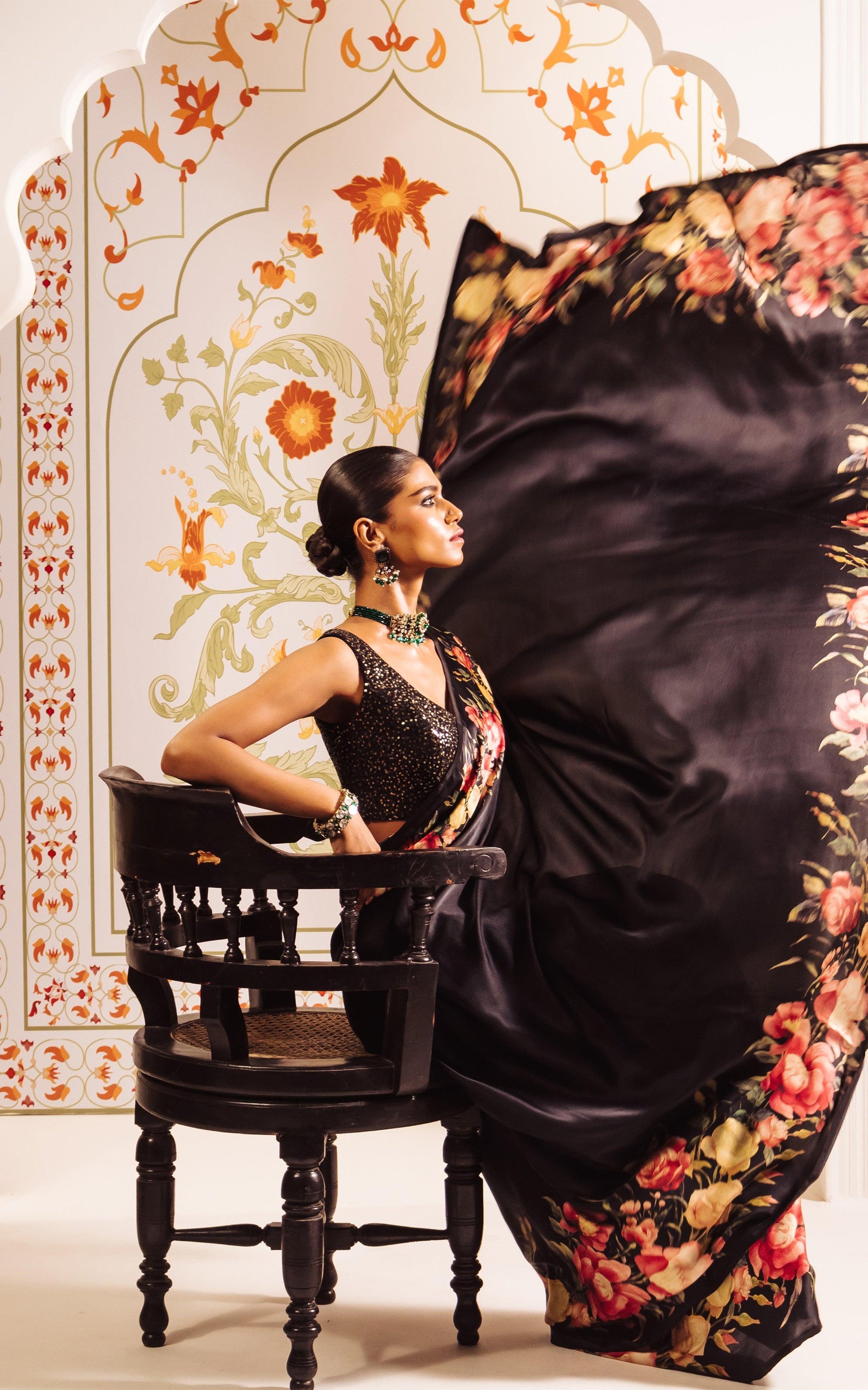 Buy Uma Black Satin Silk Saree with Floral Borders | Premvastra | Premium Collection