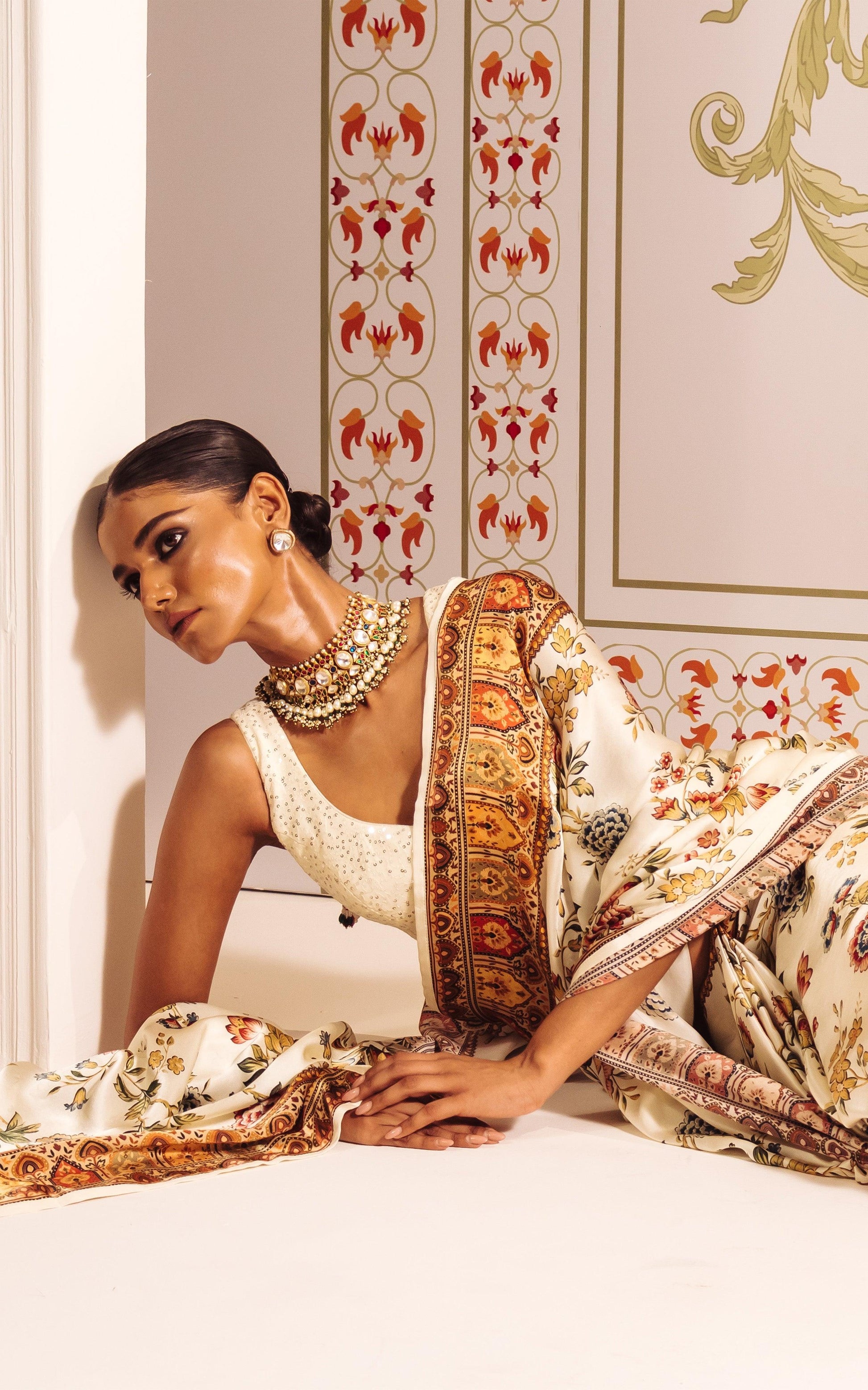 Buy Zoya White Satin Silk Saree Online in India | Premvastra | Premium Collection