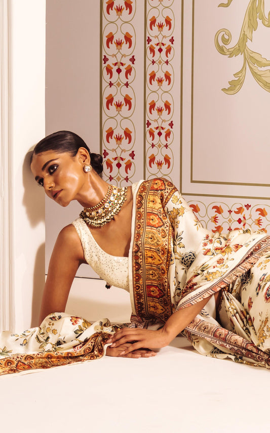 Buy Zoya White Satin Silk Saree Online in India | Premvastra | Premium Collection