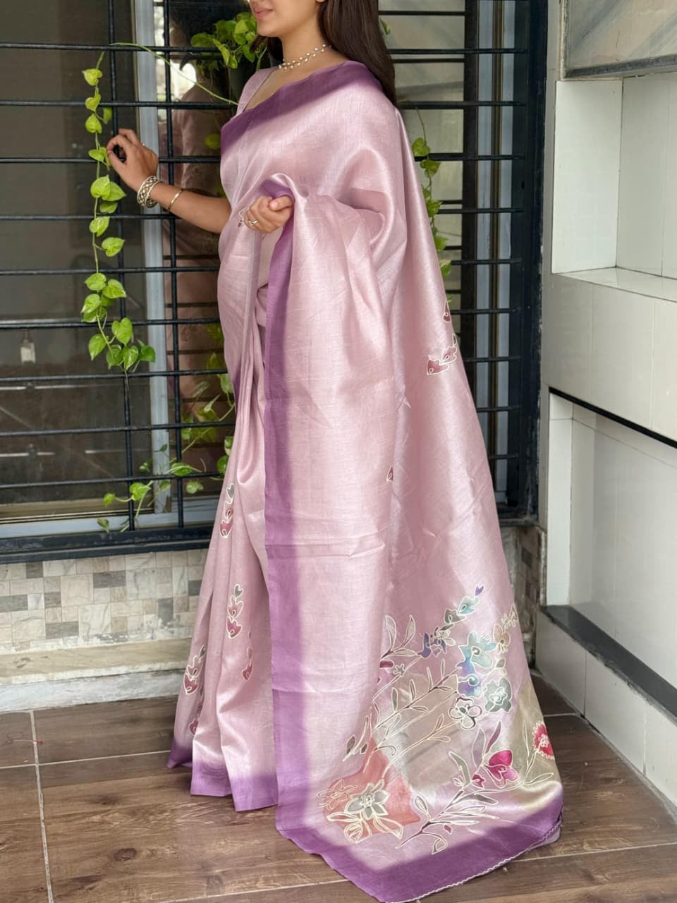 Paritosh Tusser Linen Saree with Khatha Hand Embroidery & Digital Print