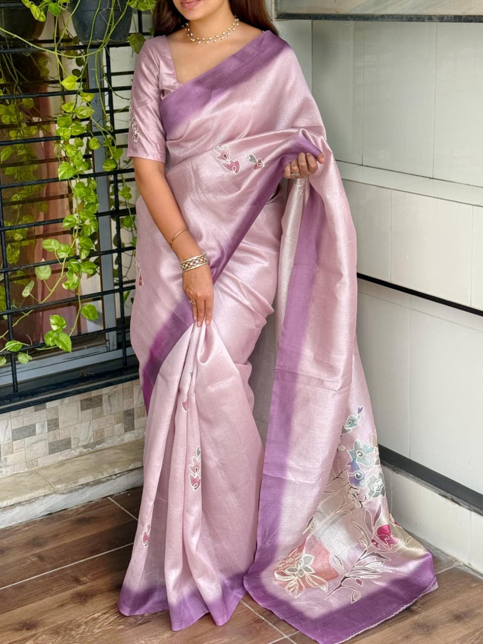 Paritosh Tusser Linen Saree with Khatha Hand Embroidery & Digital Print