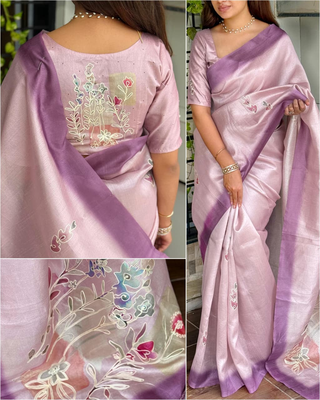 Paritosh Tusser Linen Saree with Khatha Hand Embroidery & Digital Print