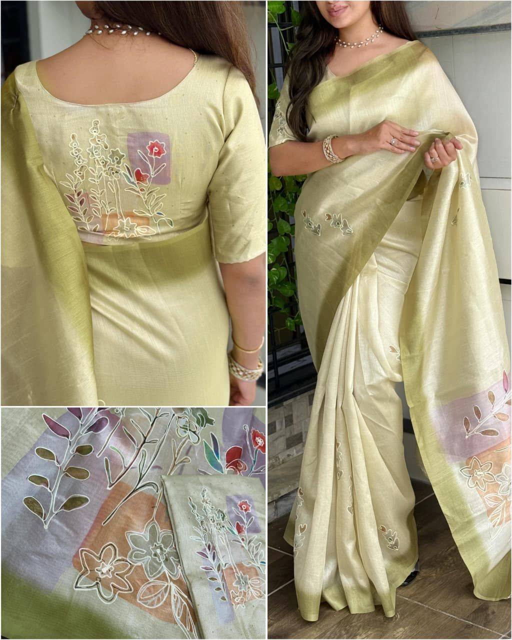 Paritosh Tusser Linen Saree with Khatha Hand Embroidery & Digital Print