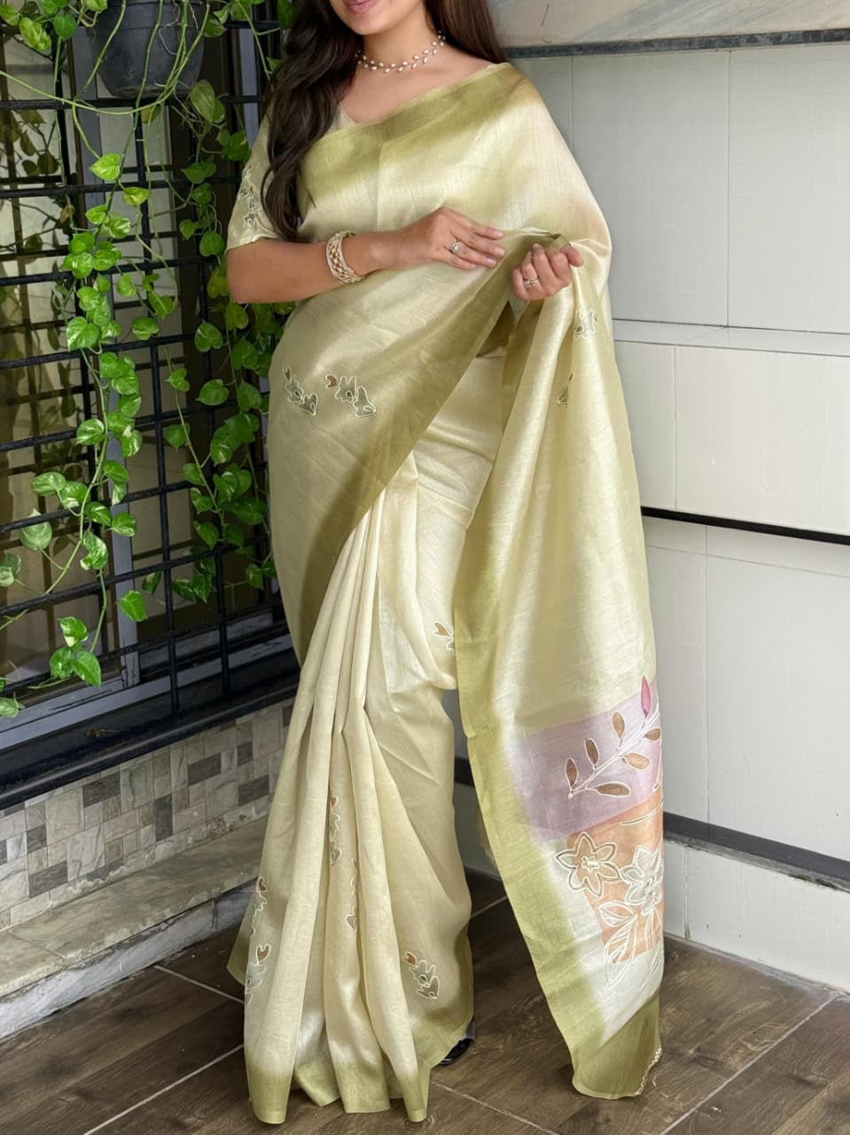 Paritosh Tusser Linen Saree with Khatha Hand Embroidery & Digital Print