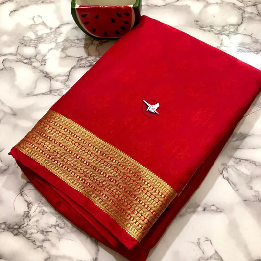 Striking Red Traditional Mysore Crepe Silk Weaving Work Saree | Premium Collection