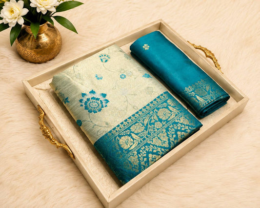 Teal Ivory Banarasi Silk Saree | Intricate Gold Zari Floral Border