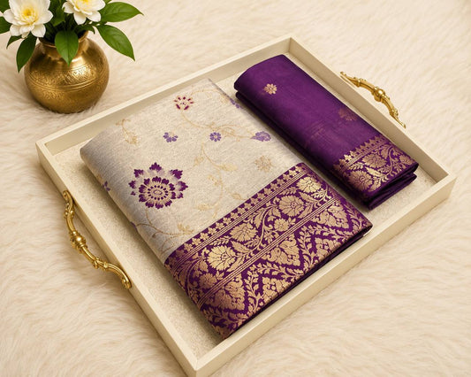 Purple Royal Ivory Banarasi Silk Saree | Intricate Gold Zari Floral Border