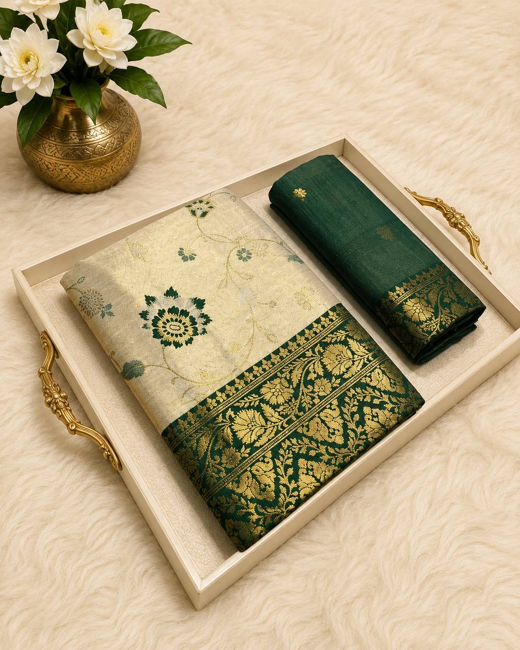 Bottle Green Royal Ivory Banarasi Silk Saree with Intricate Gold Zari Floral Border
