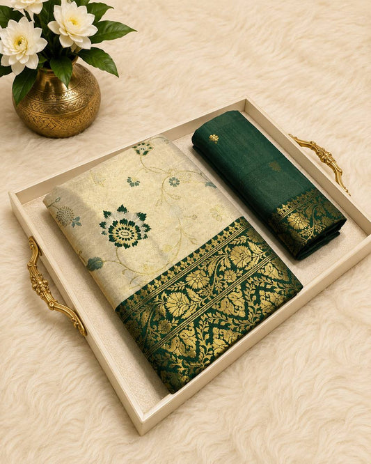 Bottle Green Royal Ivory Banarasi Silk Saree with Intricate Gold Zari Floral Border