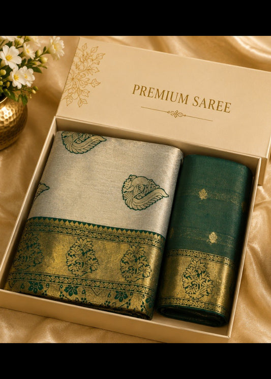 Royal Ivory Kanjivaram Silk Saree with Zari Border – Dark Green