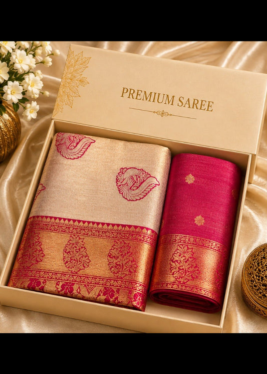 Royal Ivory Kanjivaram Silk Saree with Zari Border – Pink