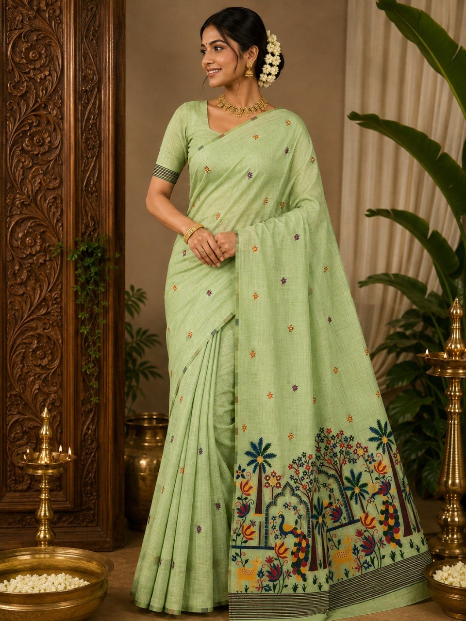A woman models a light green saree with colorful embroidered motifs and a detailed floral border, set against a warm, decorated background with traditional Indian decor.