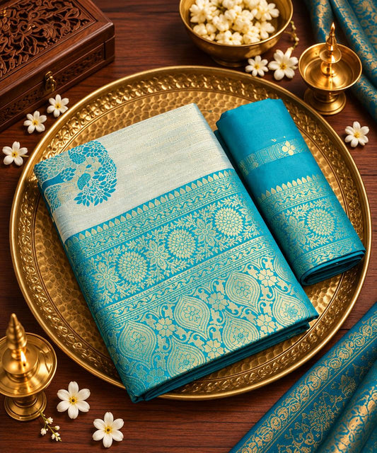 Royal Ivory & Teal Blue Banarasi Silk Zari Weave Saree