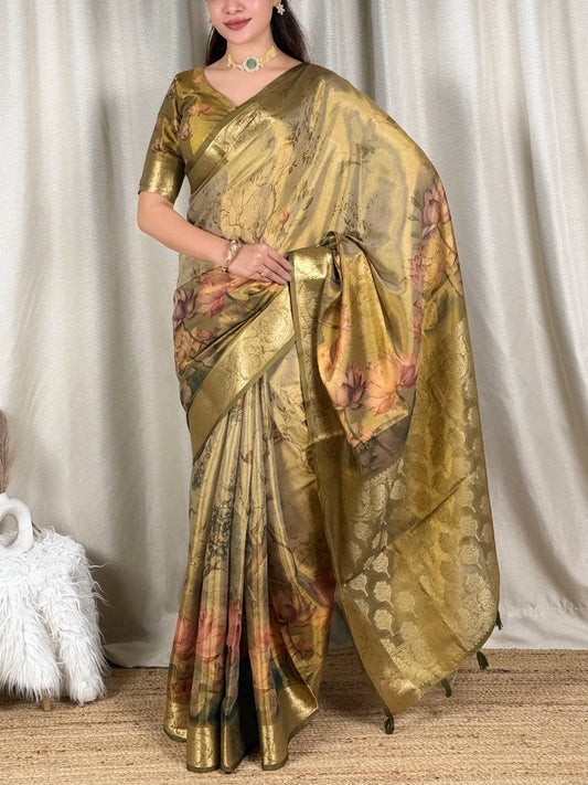 Close-up of the gold zari-woven saree border and contrast floral digital print blouse
