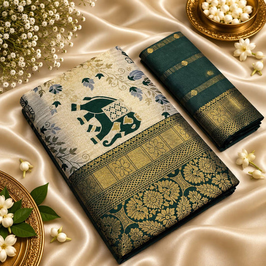 Bottle Green Heritage Banarasi Silk Saree | Elephant Motif Zari Jacquard
