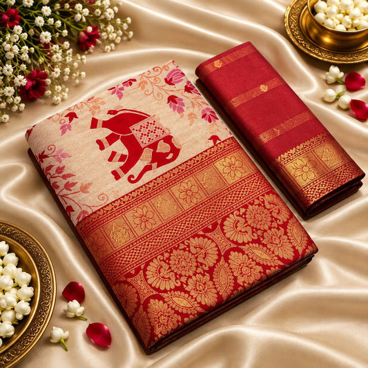 Red Heritage Banarasi Silk Saree | Elephant Motif Zari Jacquard