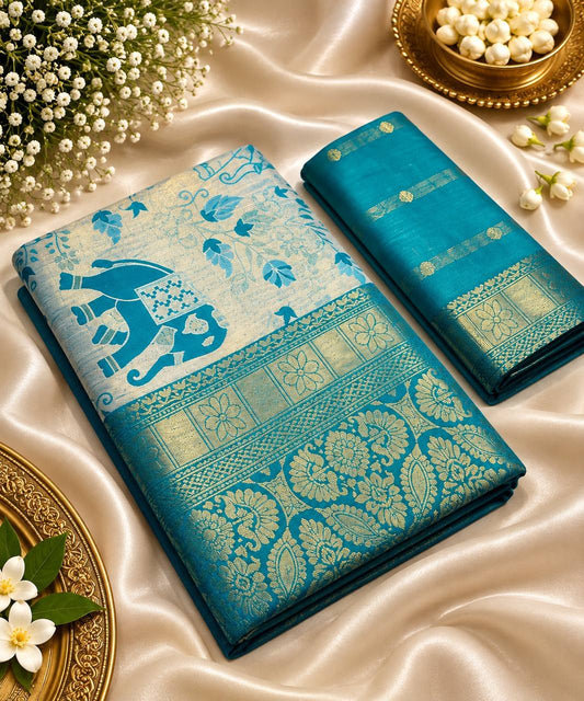 Teal Heritage Banarasi Silk Saree | Elephant Motif Zari Jacquard