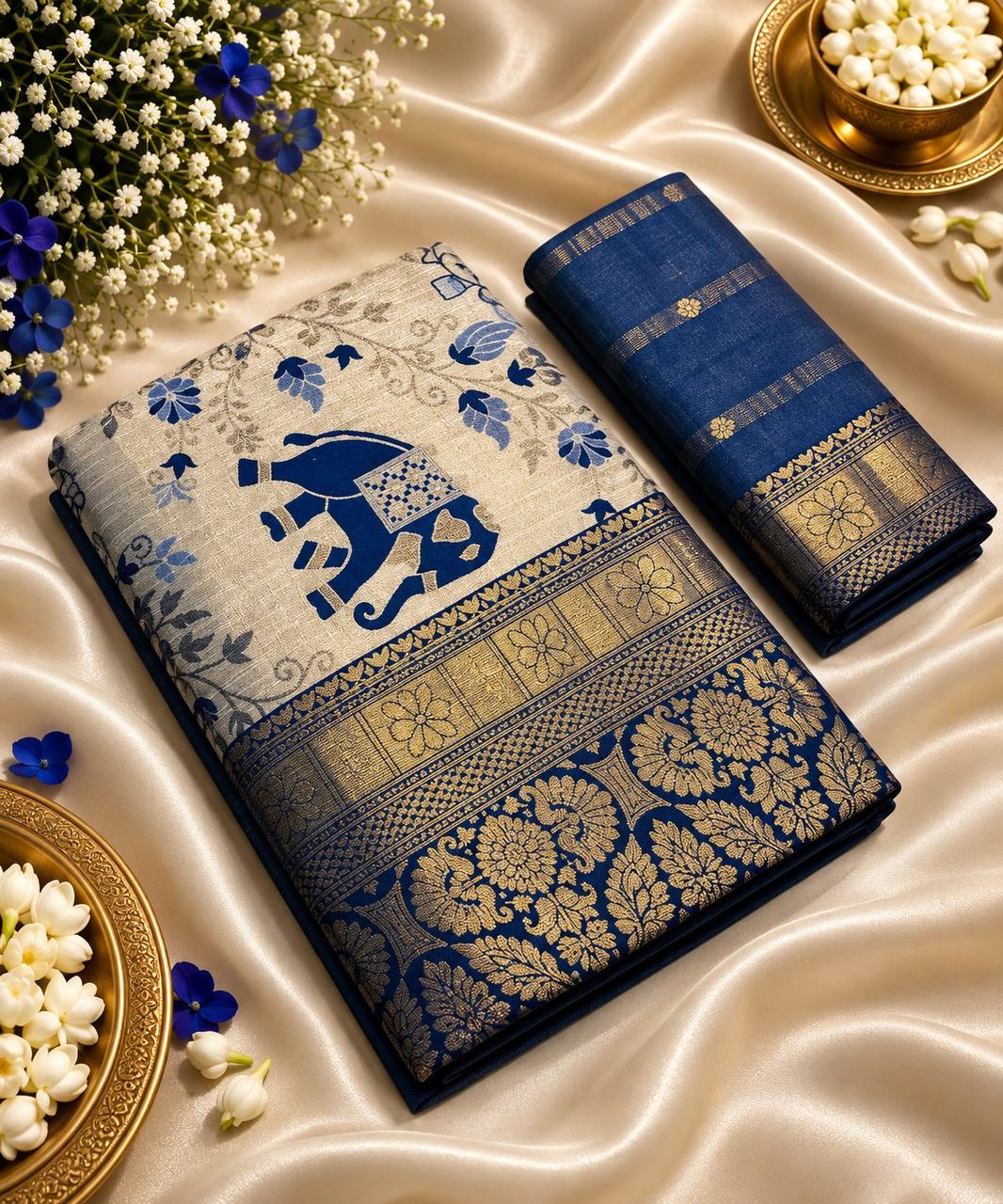 Bottle Green Heritage Banarasi Silk Saree with Elephant Motif and Gold Zari Border