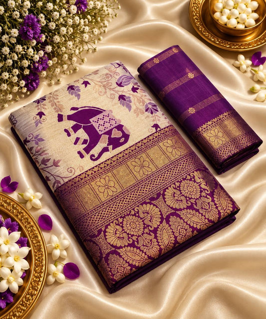 Royal Purple Heritage Banarasi Silk Saree | Elephant Motif Zari Jacquard