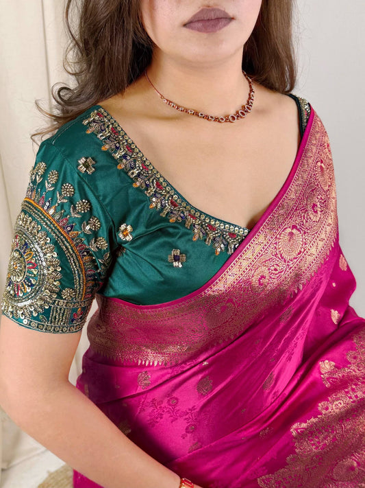 Fuchsia Banarasi Satin Silk Saree with Designer Handwork Blouse