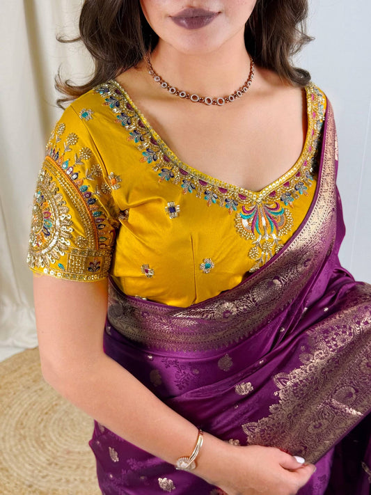 Purple Banarasi Satin Silk Saree with Designer Handwork Blouse
