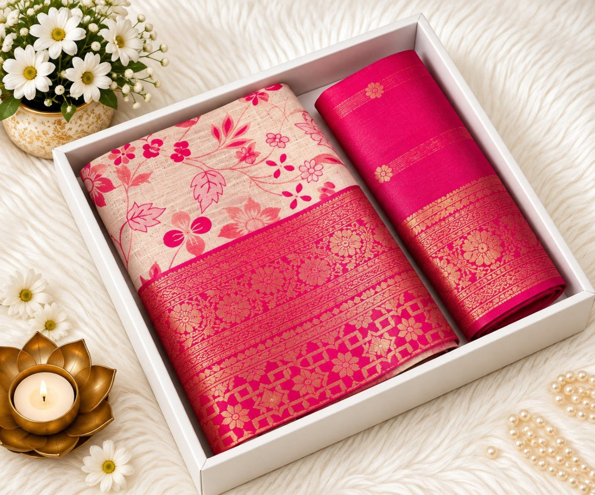 Pink Banarasi silk saree with ivory floral print body and broad gold zari pink border, shown in a white gift box with the matching pink unstitched blouse piece