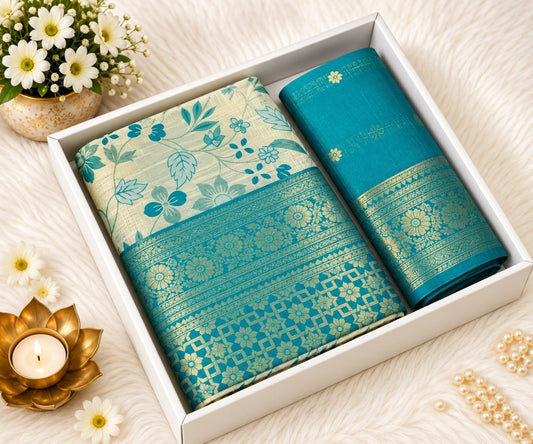 Teal & Ivory Banarasi Silk Saree | Gold Zari Floral Print & Zari Border