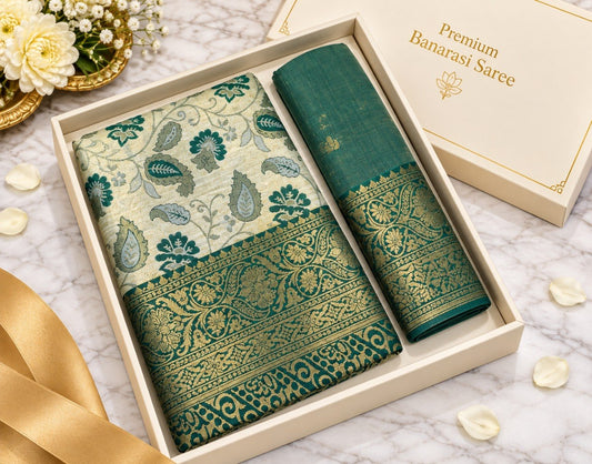 Green Banarasi silk saree with ivory floral motifs and heavy gold zari green border, shown in a gift box with the matching green unstitched blouse piece