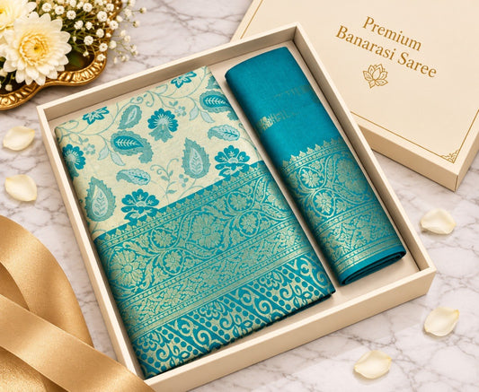 Teal Banarasi silk saree with ivory floral motifs and heavy gold zari teal border, shown in a gift box with the matching teal unstitched blouse piece