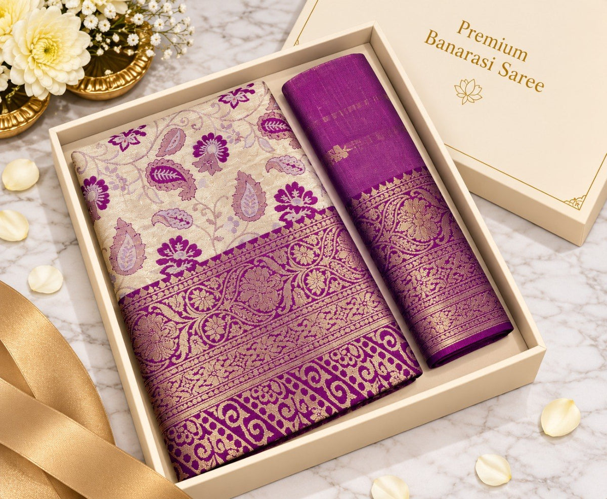 Ivory Banarasi silk saree with purple floral motifs and heavy gold zari purple border, shown in a gift box with the matching purple unstitched blouse piece