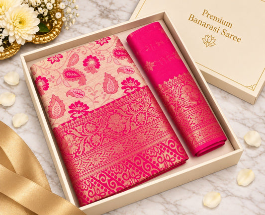Pink Banarasi silk saree with ivory floral motifs and heavy gold zari pink border, shown in a gift box with the matching pink unstitched blouse piece