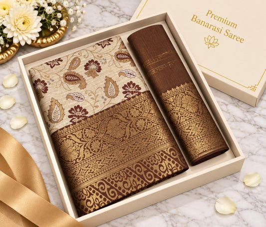 Brown Banarasi silk saree with ivory floral motifs and heavy gold zari brown border, shown in a gift box with the matching brown unstitched blouse piece